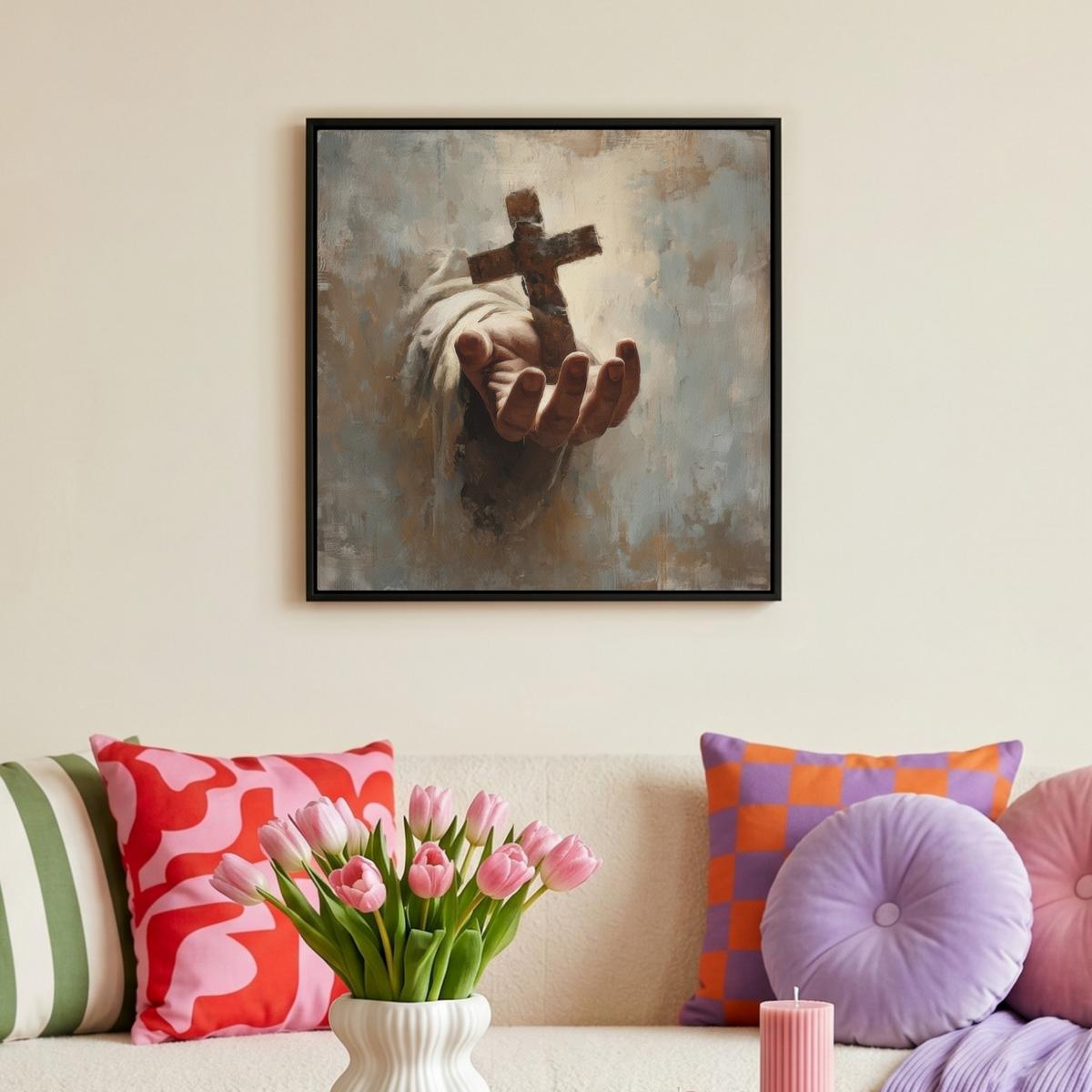 LEINWAND Bilder mit Rahmen - Abstrakt - Kreuz - Hand - Christentum - 50x50 - Hellbraun, Textil (50/50cm) - MuchoWow