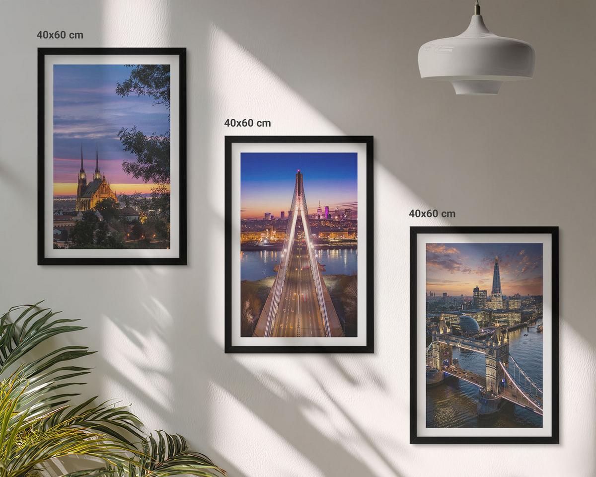 BILDER SET 3er Set - 40x60 cm Schwarzer Rahmen - Ausblicke auf Brücken und Sonnenuntergänge - Schwarz, Kunststoff (40/60cm) - TULUP