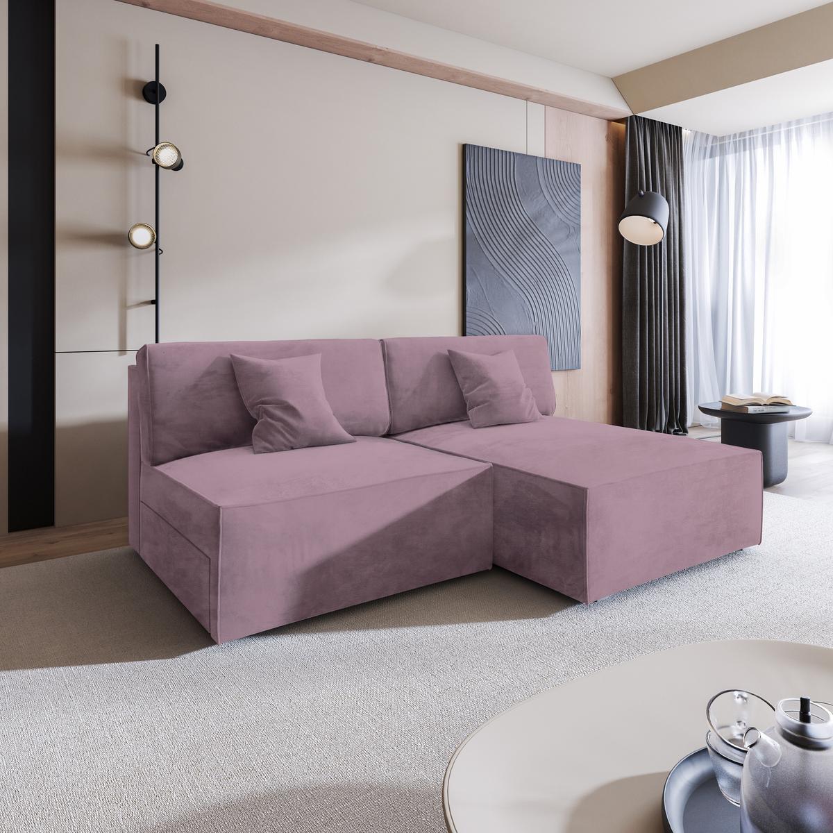 ECKSOFA FIORO M Lila Velours-Stoff mit Schlaffunktion - Lila/Grau, Holz/Kunststoff (204/148cm) - MASSENO