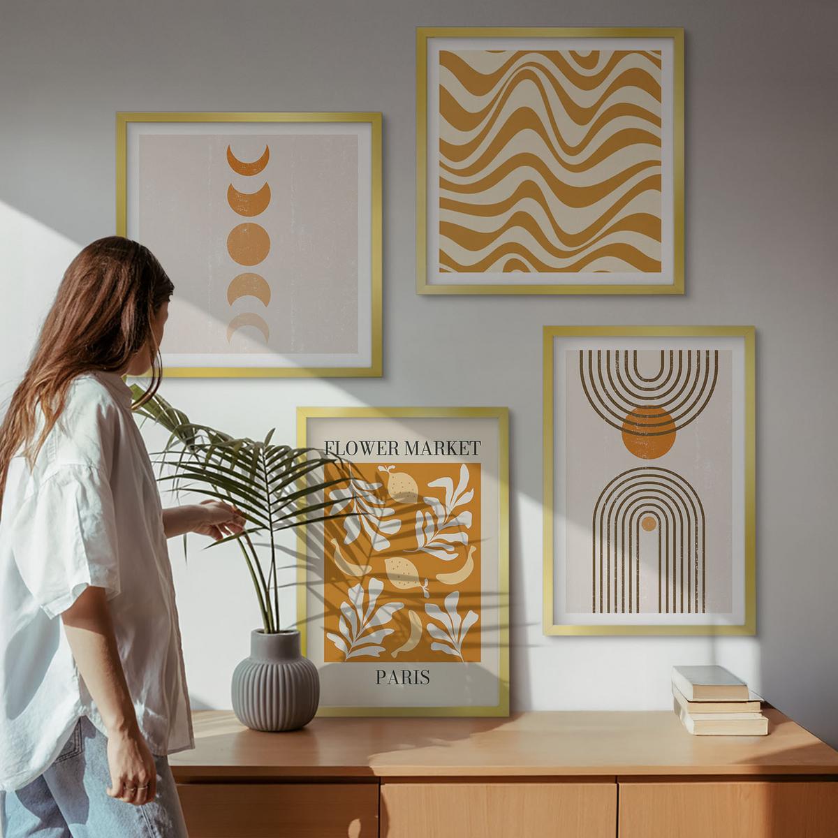 BILDER SET 4er Set - 50x50 cm & 40x60 cm Goldrahmen - Geometrische Pflanzenmuster - Goldfarben, Kunststoff (50/50cm) - TULUP