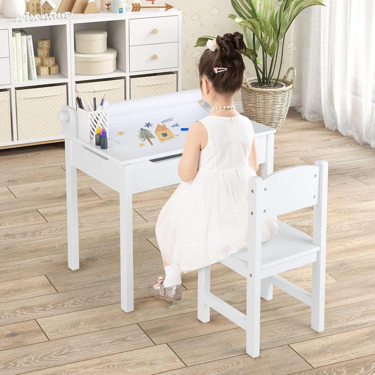 KINDERSCHREIBTISCH mit Stuhl weiß(2-tlg) - Weiß, Holzwerkstoff (66/58/40cm) - COSTWAY
