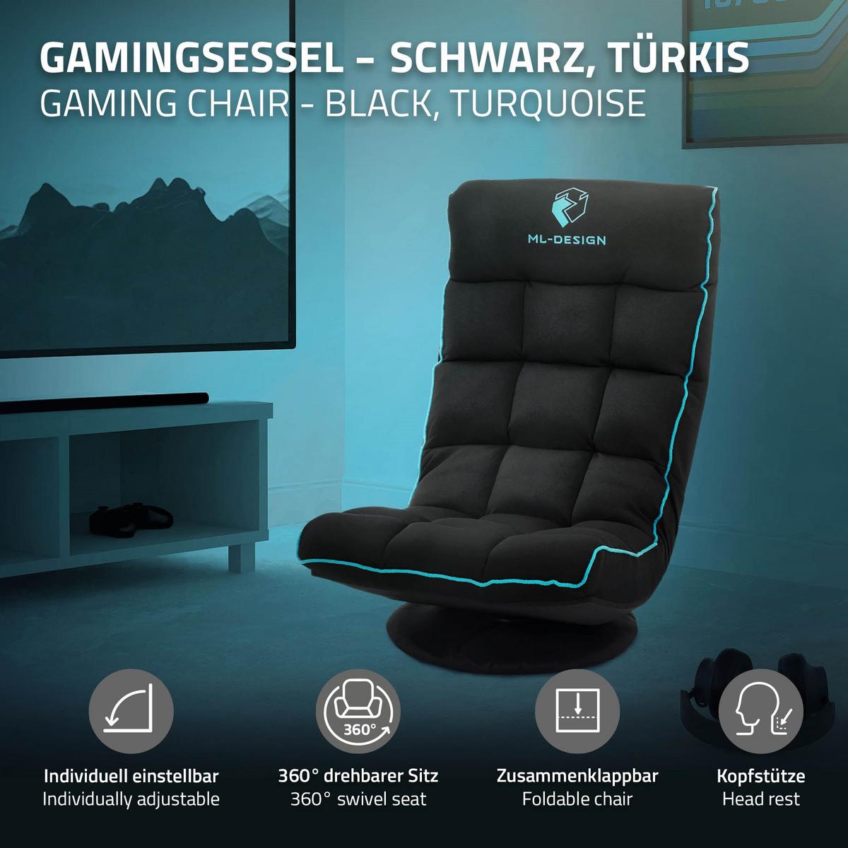GAMING BODENSTUHL Schwarz-Türkis Stoffbezug 360° drehbar & verstellbar - Türkis/Schwarz, Textil (56/85/92cm) - ML-DESIGN