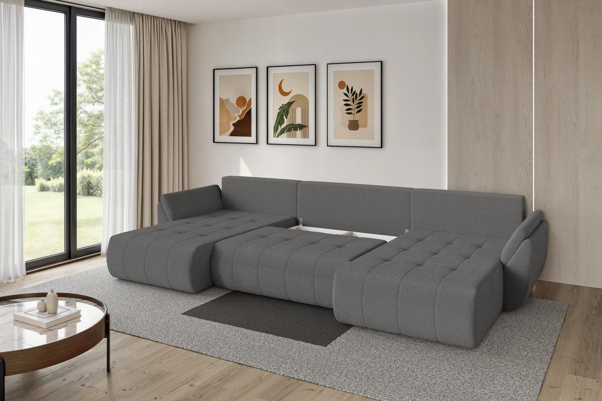 WOHNLANDSCHAFT mit Schlaffunktion und Bettkasten TOKO-U 378x194x86 Grau Bouclé - Schieferfarben/Schwarz, Holzwerkstoff/Kunststoff (378/86/194cm) - ALTDECOR