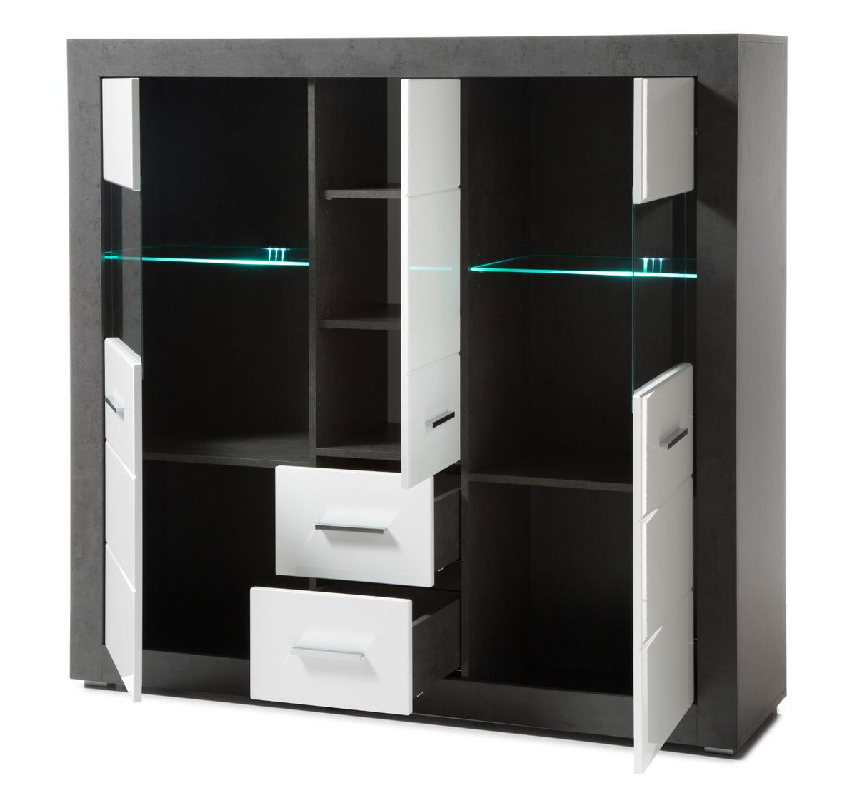 HIGHBOARD weiß Hochglanz, grau Stone 149 cm, Vitrine mit viel Stauraum - Chromfarben/Weiß Hochglanz, Glas/Holzwerkstoff (149/142/42cm) - Furn.Design