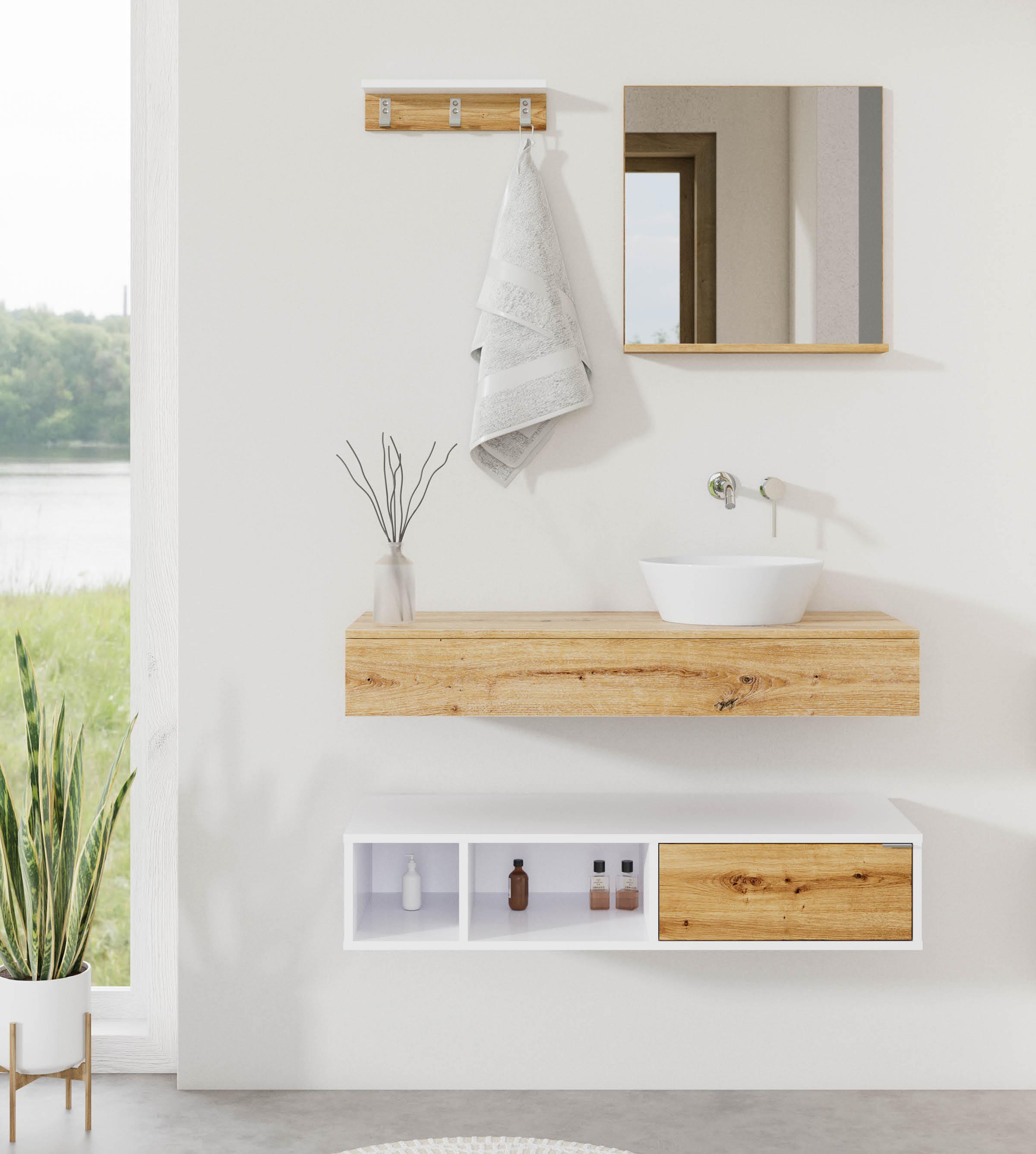 Weiße Badezimmerkombi mit Fronten aus Holz