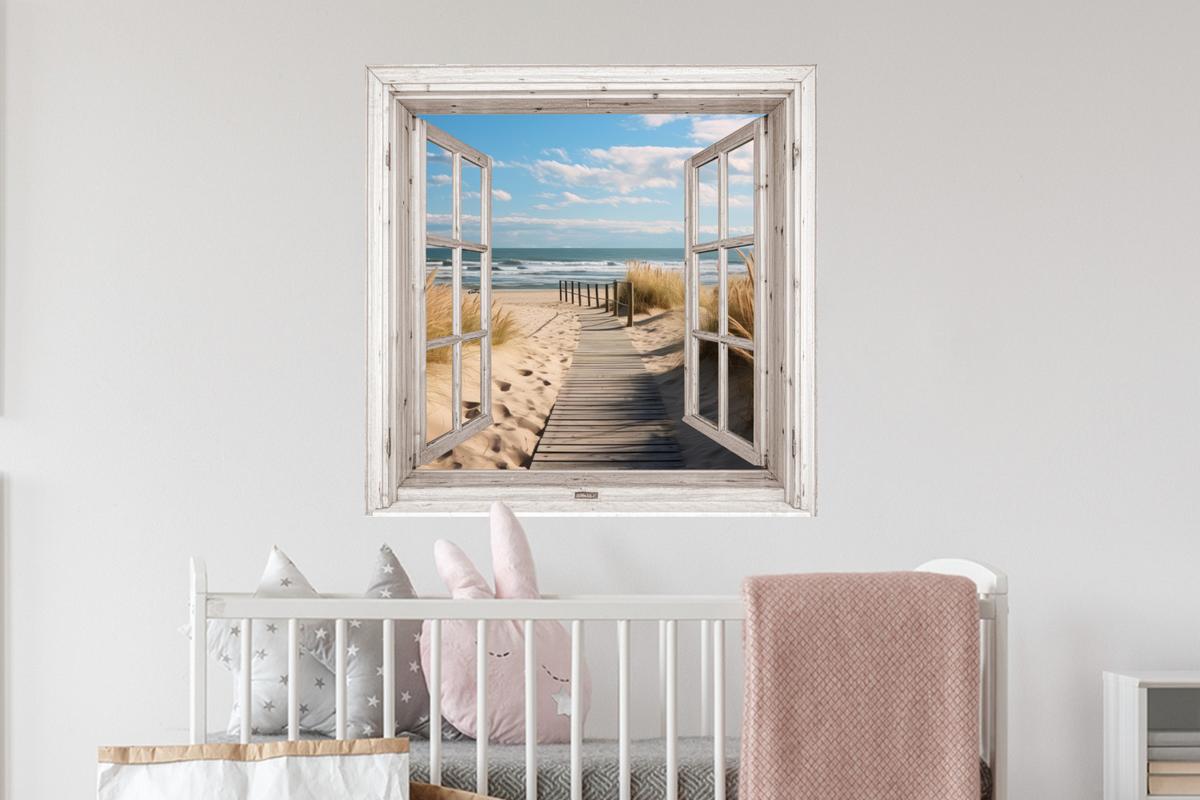WANDTATTOO Fenster - Meer - Küste - Natur - Ausblick - Strand - Wattenmeer Wanddeko 50x50 cm - Beige, Kunststoff (50/50/0.1cm) - MuchoWow