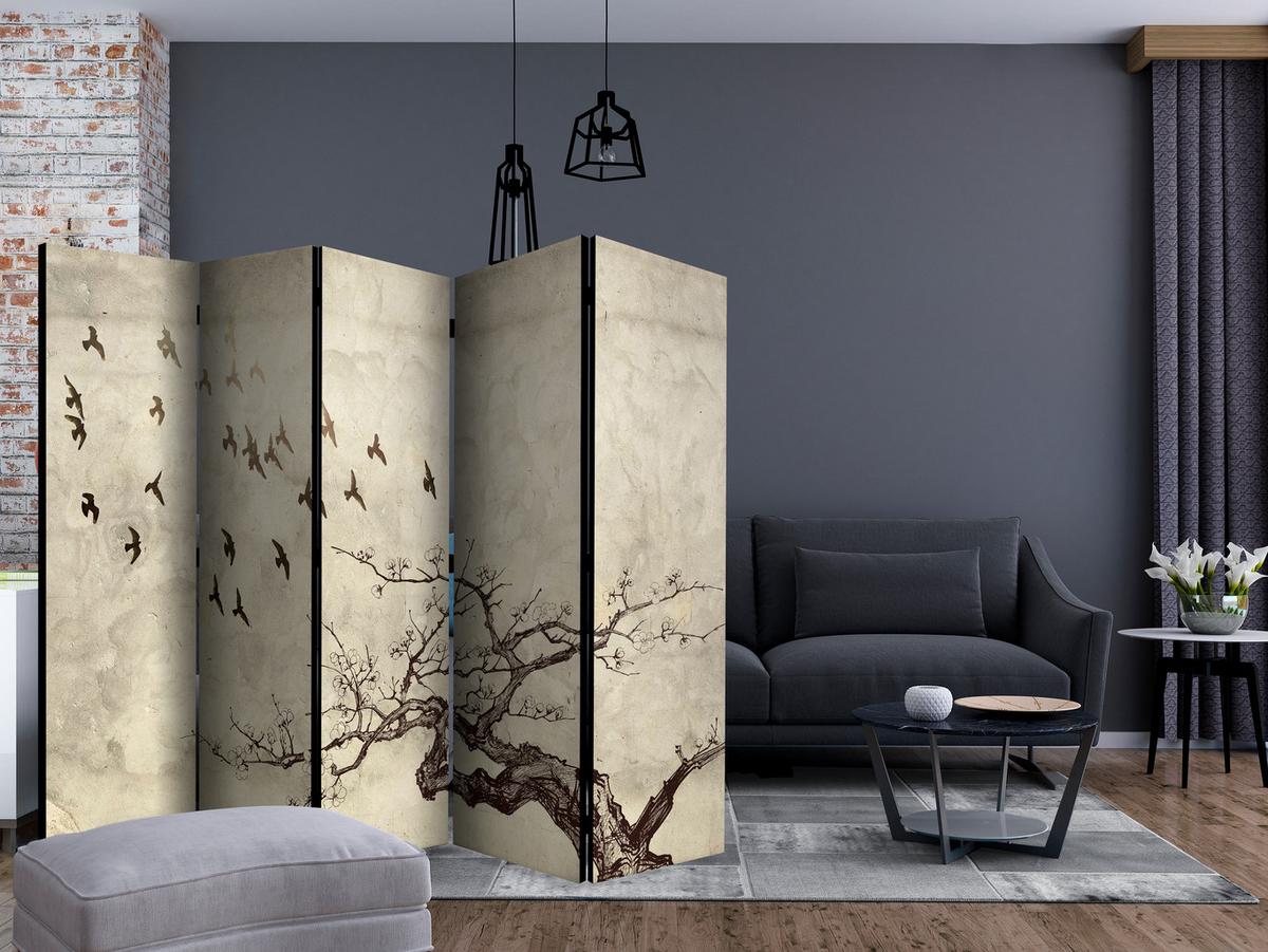 PARAVENT Akustik 5-tlg 225x172 cm Baum Vögel Vintage - Beige, Holz/Textil (225/172/3cm) - Muralo