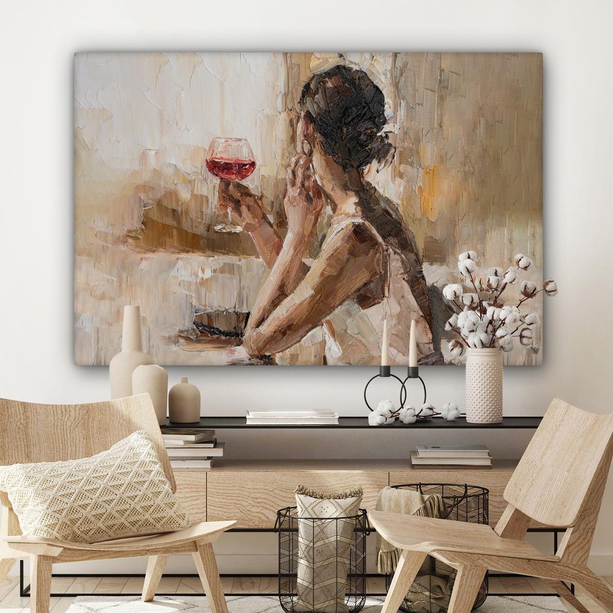 LEINWANDBILD Ölgemälde - Frau - Wein XXL 150x100 cm - Hellbraun, Textil (150/100cm) - MuchoWow