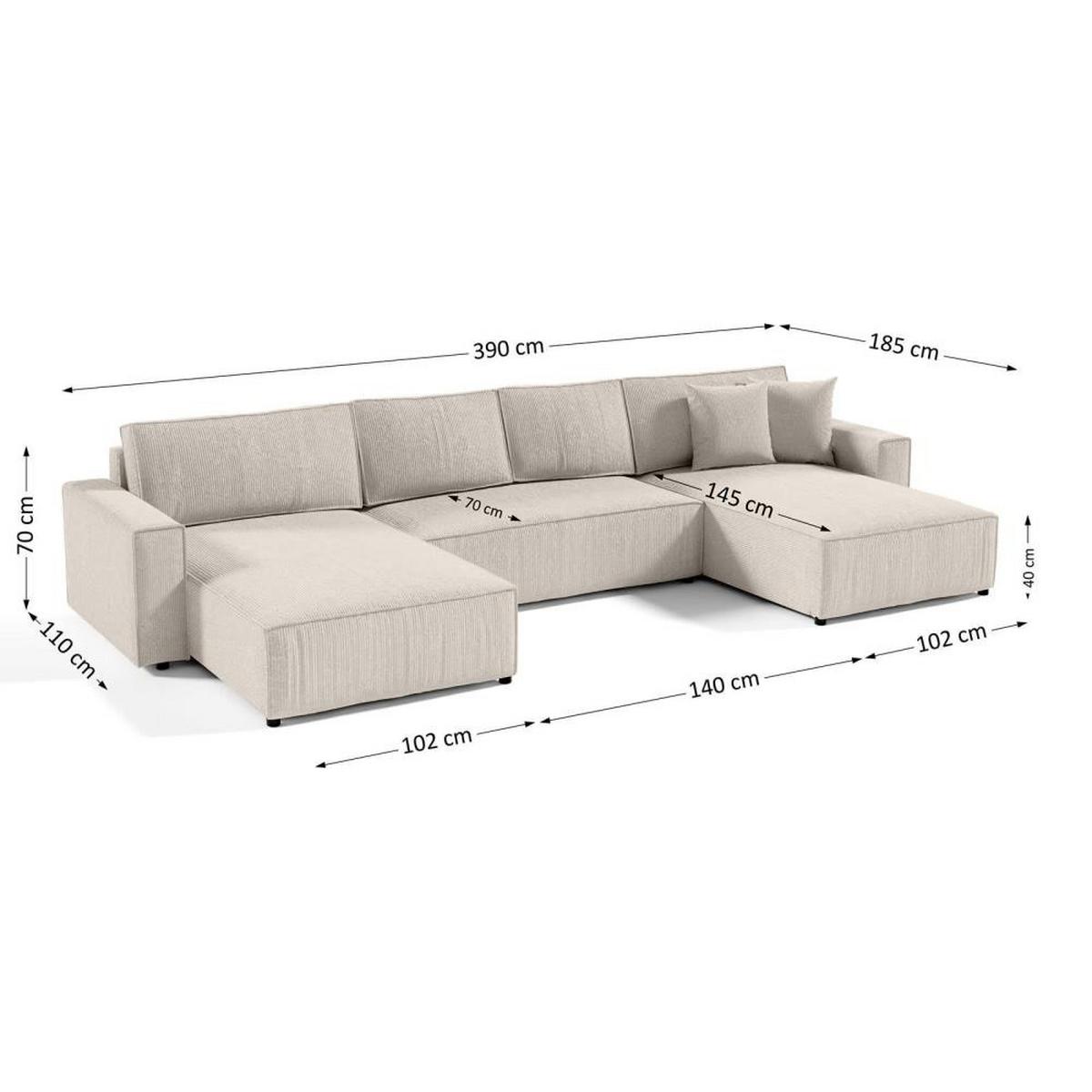 WOHNLANDSCHAFT Parys U mit Schlaffunktion creme - Creme/Schwarz, Kunststoff/Textil (390/70/185cm) - Beautysofa