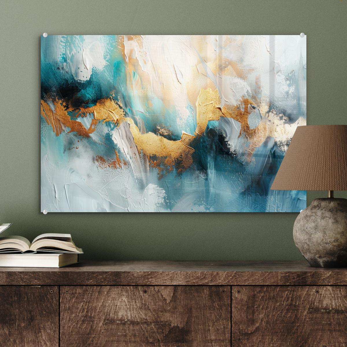 ACRYLGLASBILD Abstrakt - Kunst - Gold - Blau Wanddeko 60x40 cm - Petrol, Glas (60/40cm) - MuchoWow