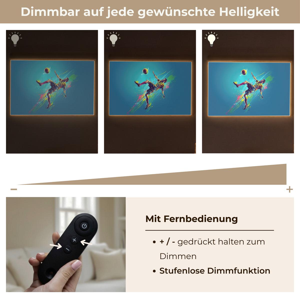 WANDLEUCHTE MIT AKKU Fußballer - Farbspritzer - Farbenfroh - Ball 90x60 cm - Blau, Holzwerkstoff (90/60/8cm) - OnlyWow