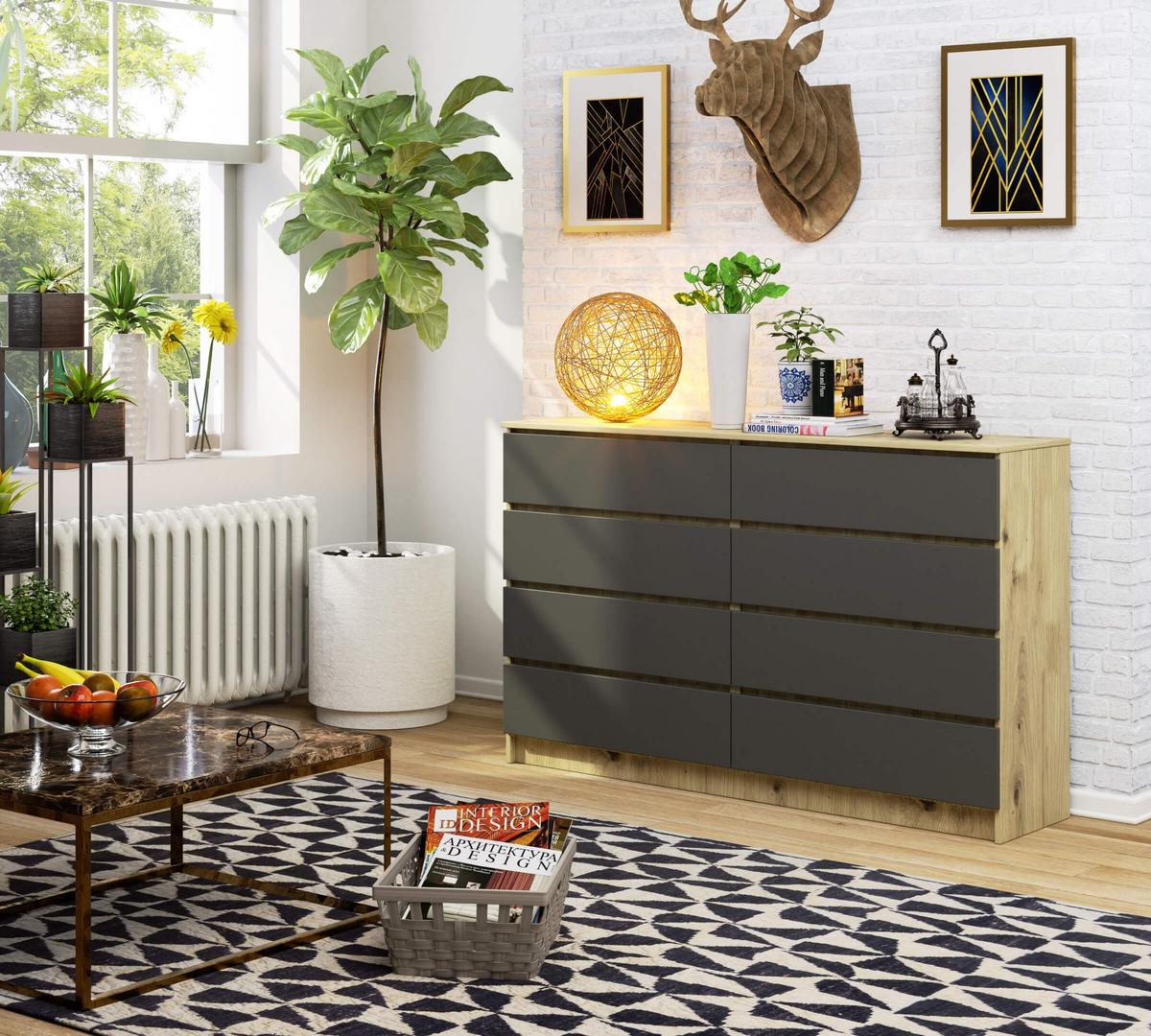 KOMMODE Eiche Artisan, Graphit Grau 99/160/40 - Eiche Artisan, Holzwerkstoff (160/99/40cm) - RAUMHIRSCH FURNITURE