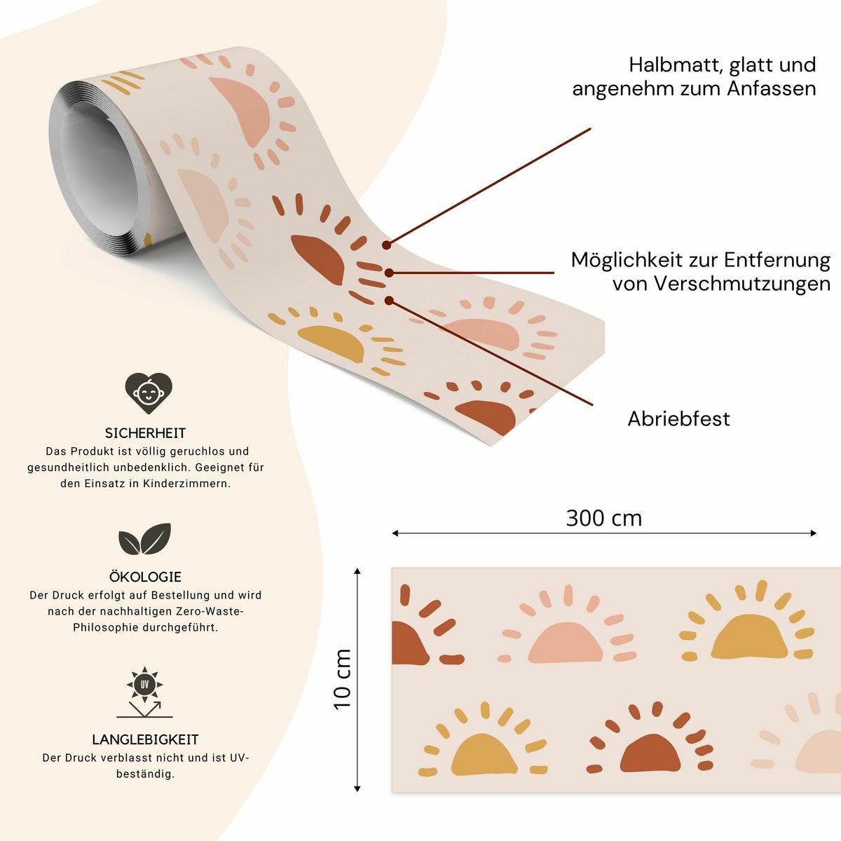 TAPETENBORDÜRE selbstklebend für Kinderzimmer SONNE im Boho Stil - Rosa/Orange, Papier (10/300/300cm) - Muralo