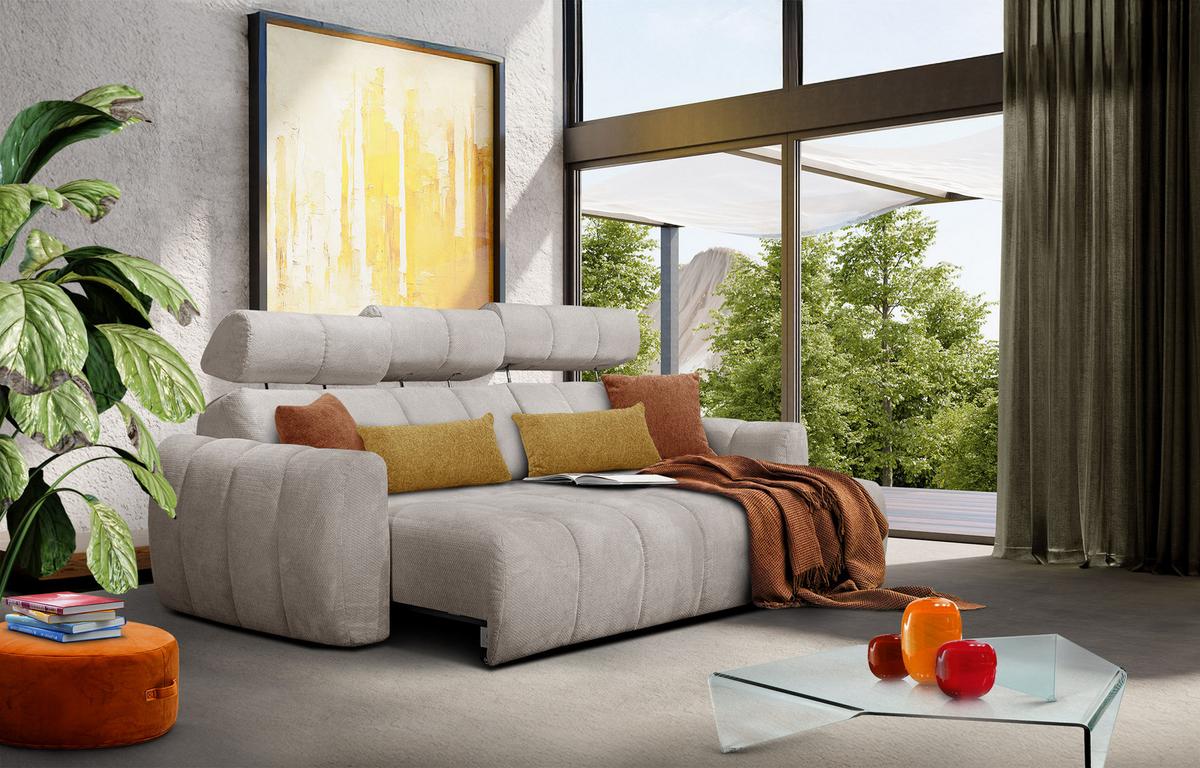 ECKSOFA KIMI 3-Sitzer, ausziehbarer Sitz, verstellbare Kopfstützen, beige - Beige/Schwarz, Holzwerkstoff/Textil (270/160cm) - Wozimo