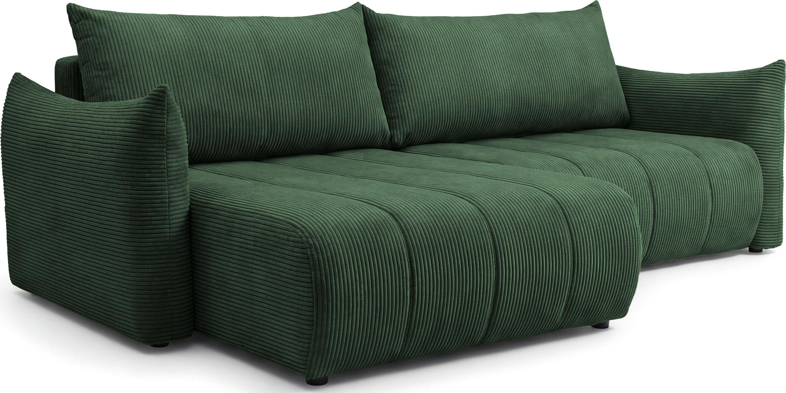 ECKSOFA Liv mit Schlaffunktion & Bettkasten in Cordstoff Dunkelgrün, Universell 260/154/86 cm - Schwarz/Grün, Kunststoff/Textil (260/154cm) - WFL GROUP