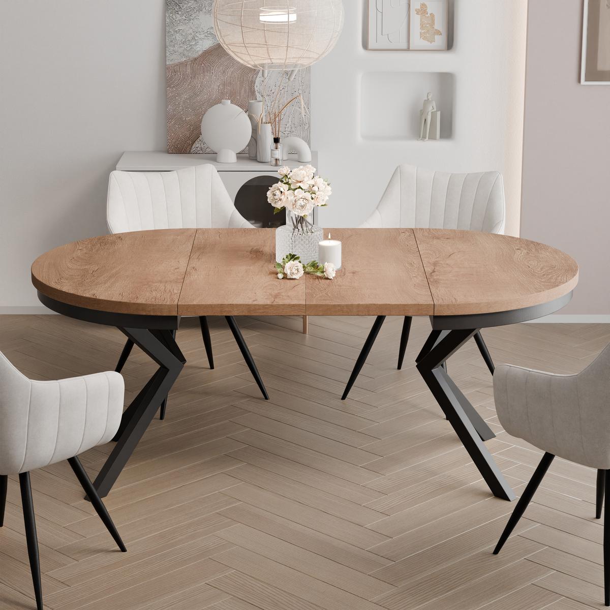 AUSZIEHTISCH MILTON 90-166/76 cm mit Metallgestell und Zarge, Schwarz / Lefkas-Eiche - Schwarz/Eiche San Remo, Holzwerkstoff/Metall (90/90/76cm) - Idohome