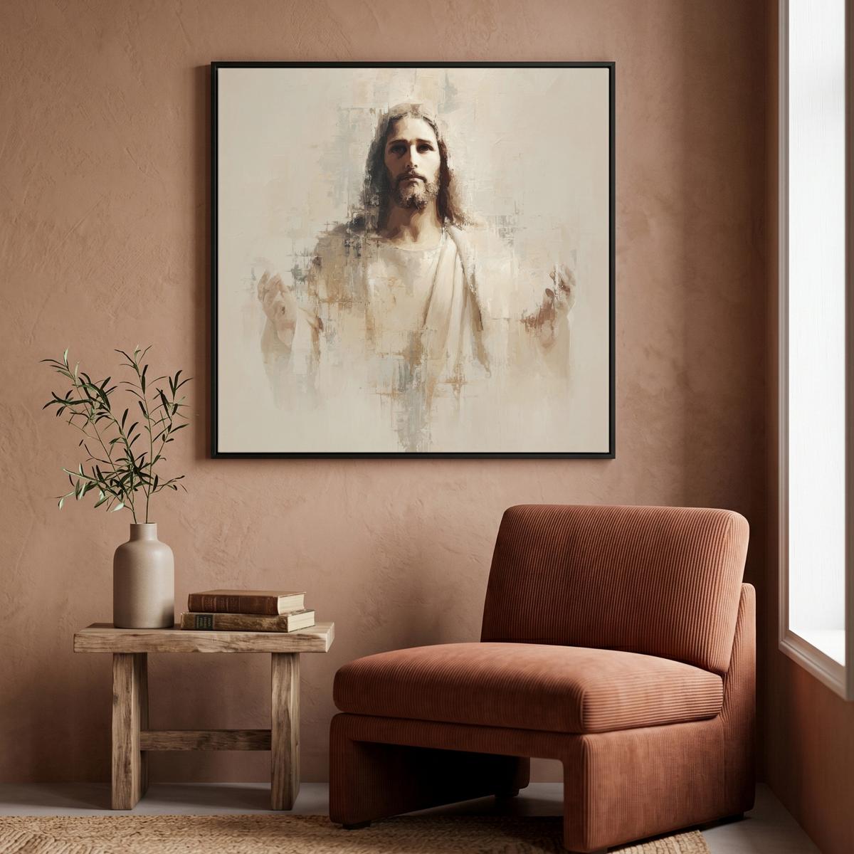 LEINWAND Bilder mit Rahmen - Porträt - Abstrakt - Jesus - Beige - 90x90 - Beige, Textil (90/90cm) - MuchoWow