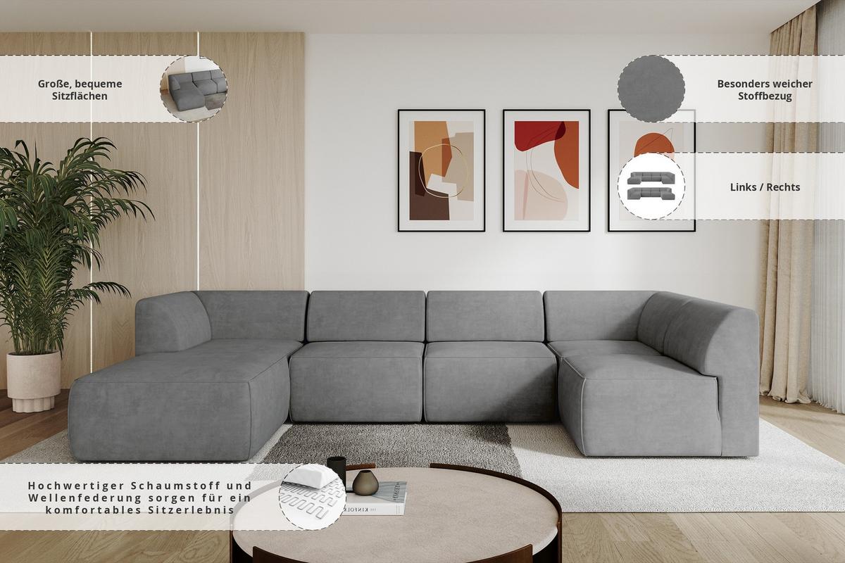 WOHNLANDSCHAFT Ottomane Links MOVO-L 345x180x78 cm Grau Velours - Taupe, Holzwerkstoff/Kunststoff (345/78/180cm) - ALTDECOR