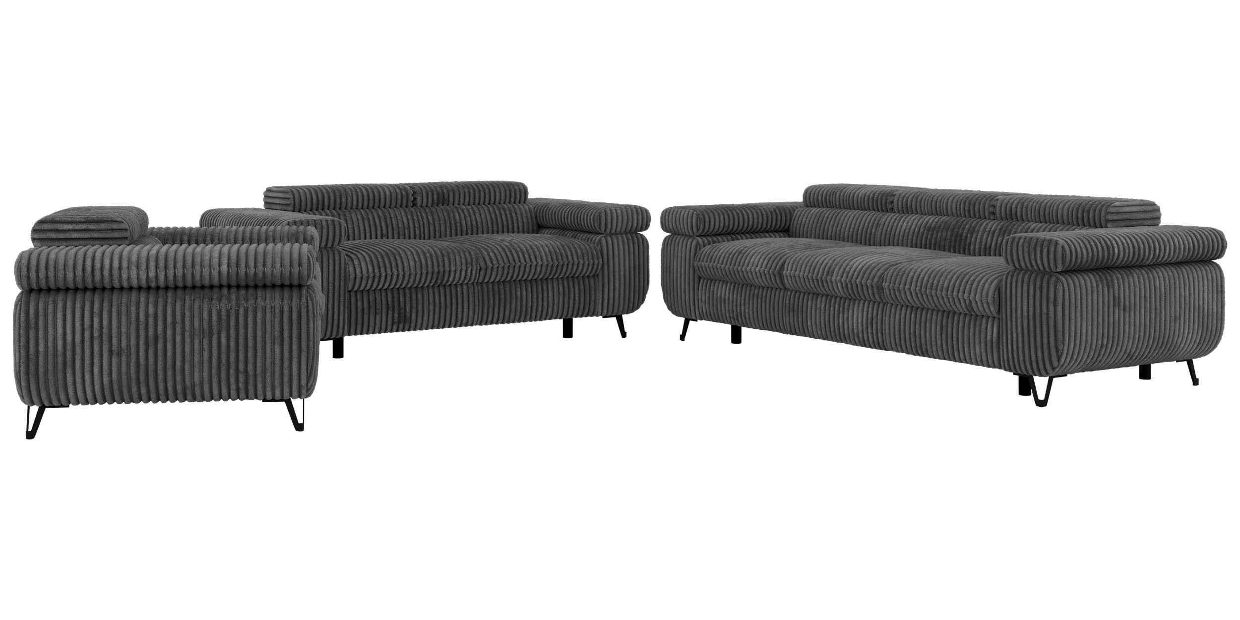SITZGARNITUR PETER 1+2+3 - Grau Cord - Schwarz/Grau, Textil/Metall (262/76/99cm) - MKS