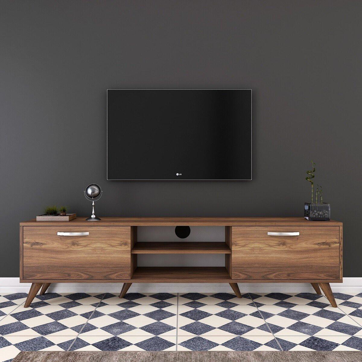 TV-MÖBEL 2 Klapptüren 2 offene Fächer in der Mitte Dekor Walnussholz 35/48,6/180 cm - Nussbaumfarben, Holzwerkstoff (35/48.6/180cm) - Calicosy