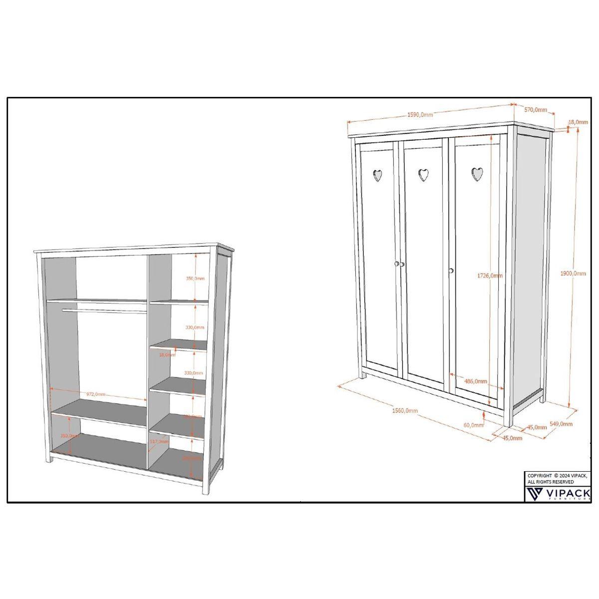BABYZIMMER SET Kamila 4tlg Weiß Bett Kommode Schrank - Weiß, Holz (57/191/159cm) - 58aufmkessel