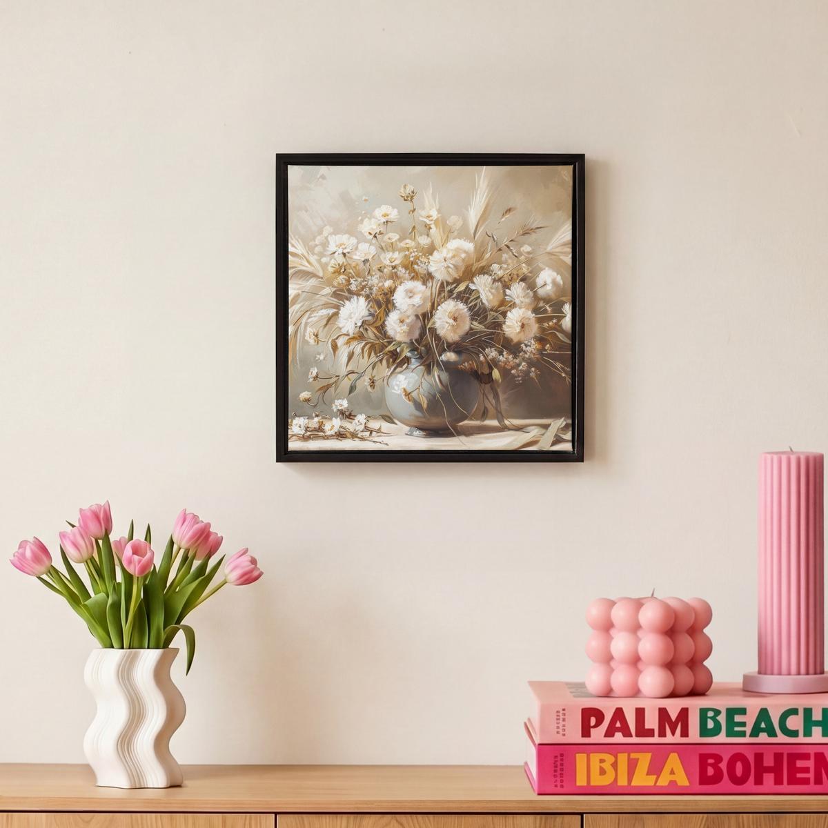 LEINWAND Bilder mit Rahmen - Blumen - Vase - Stilleben - Beige - 20x20 - Creme, Textil (20/20cm) - MuchoWow