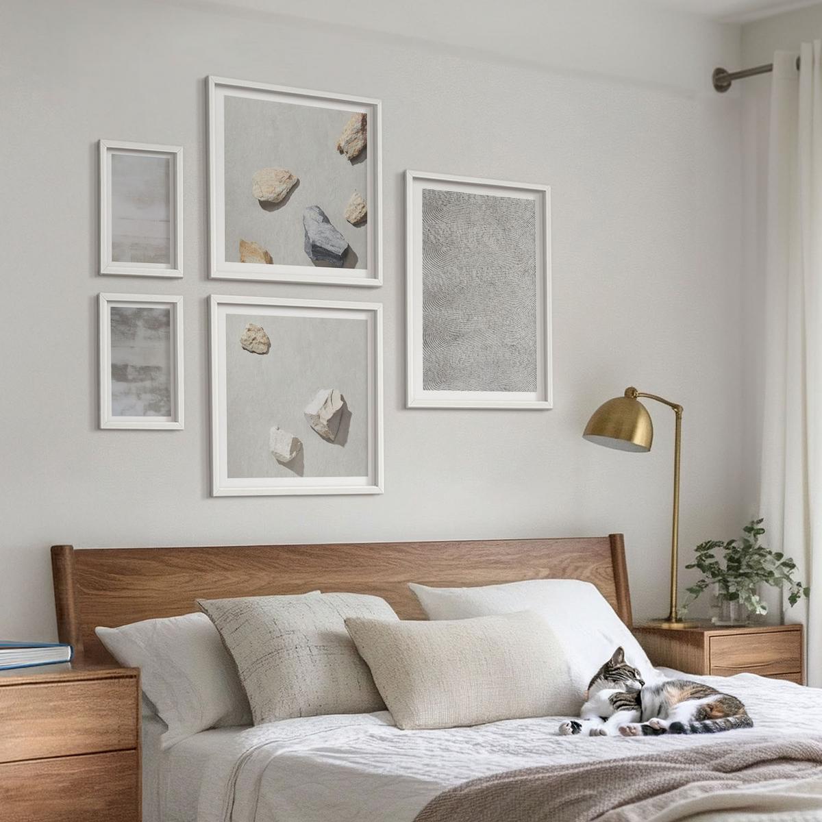 BILDER SET 5er Set - 50x50 cm & 20x30 cm & 40x60 cm Weißer Rahmen - Moderne minimalistische Texturen - Weiß, Kunststoff (40/60cm) - TULUP