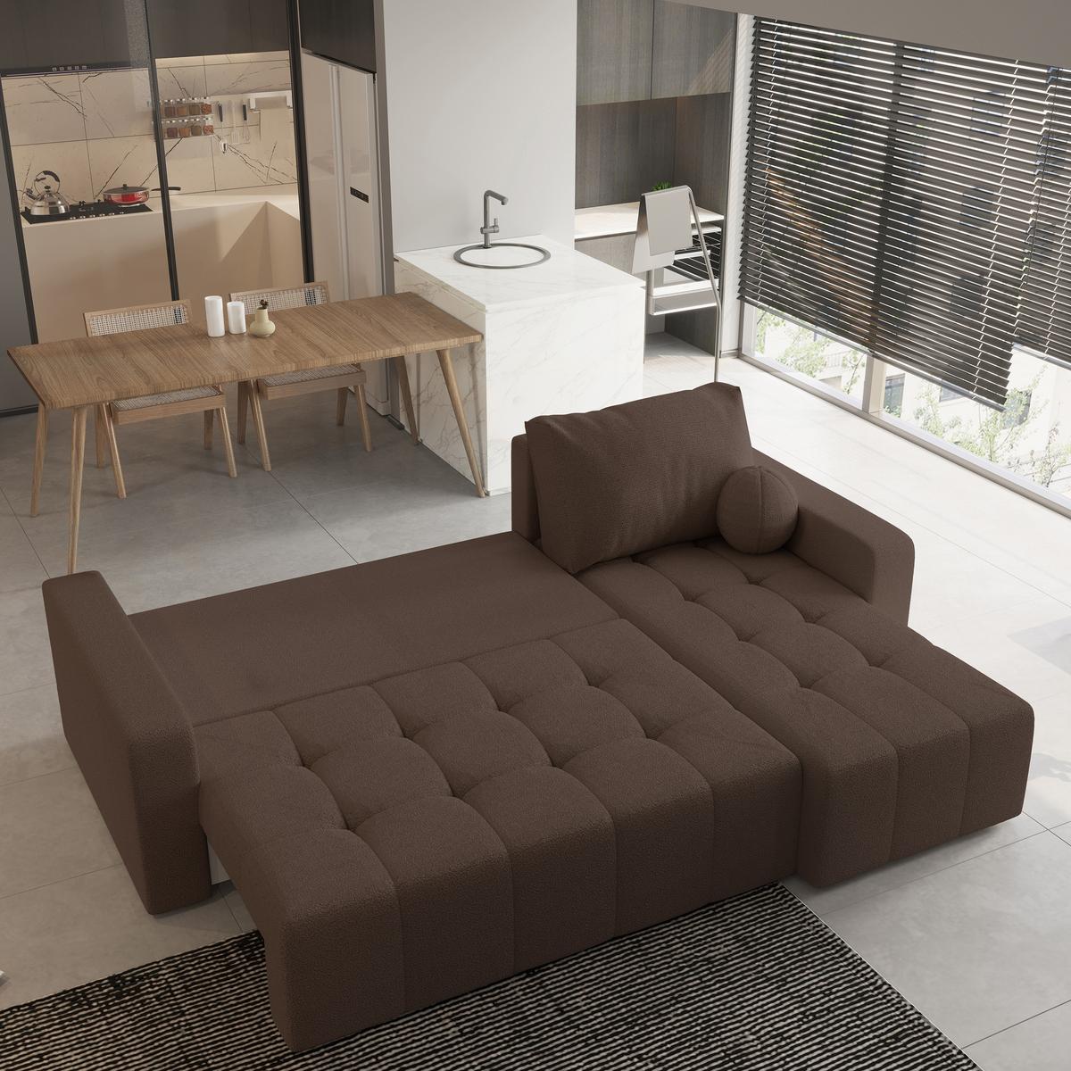 ECKSOFA VOLIRA Braun Boucle-Stoff mit Schlaffunktion - Braun, Holz (230/143cm) - MASSENO