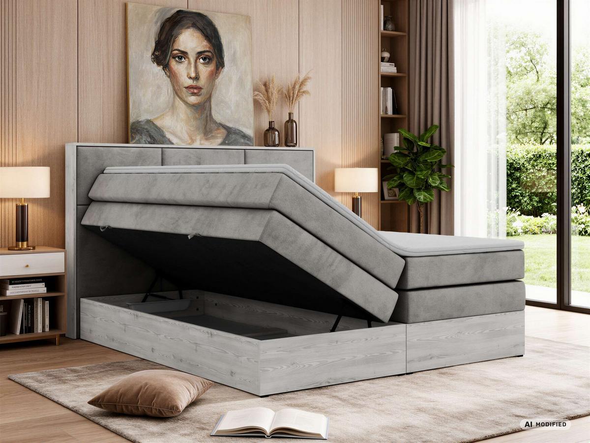 BOXSPRINGBETT DELNOR KING 140/200 - Hellgrau Velvet - Topper Visco - H3 - Hellgrau/Schwarz, Kunststoff/Textil (140/200cm) - MKS