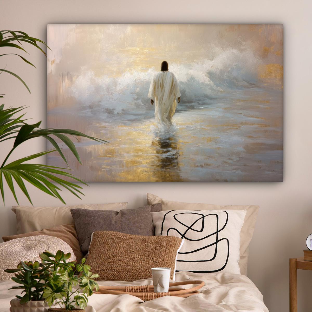LEINWANDBILD Gemälde - Welle - Jesus - Abstrakt Wohnzimmer Groß 120x80 cm - Goldfarben, Textil (120/80cm) - MuchoWow