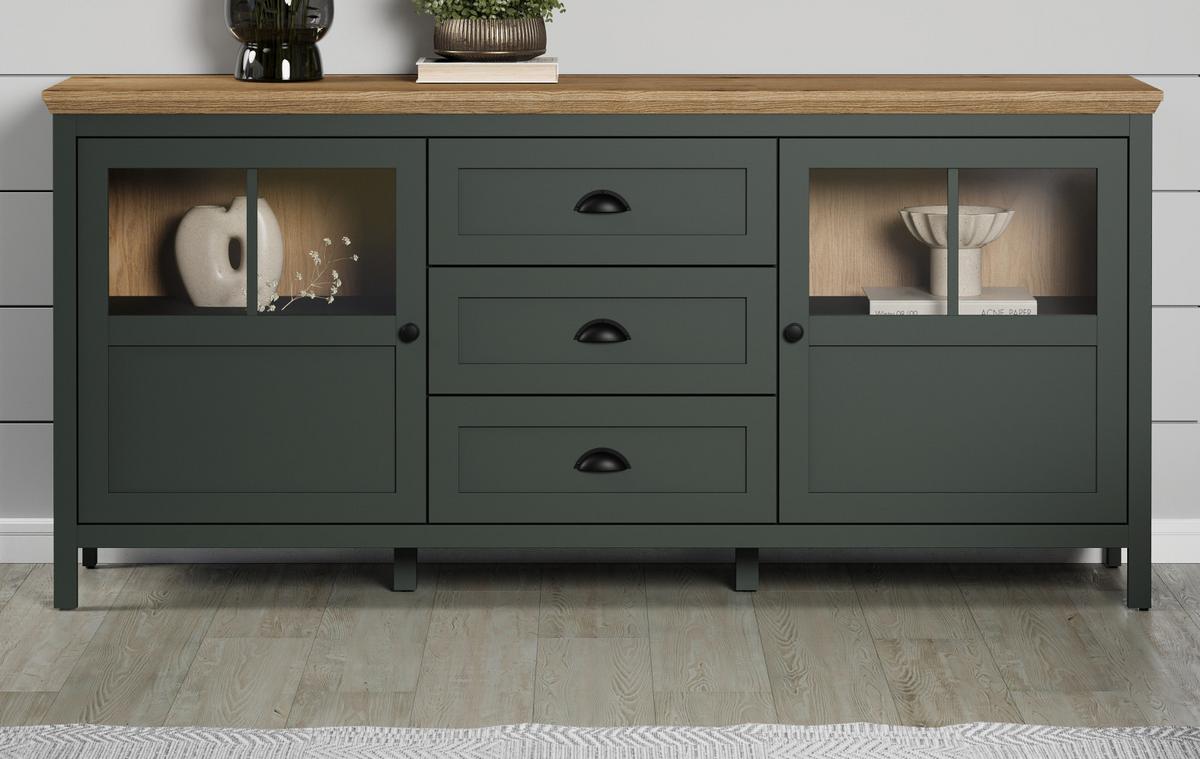 SIDEBOARD grün, Evoke Eiche Landhaus 185 x 86 cm, Kommode inklusive LED Beleuchtung - Eichefarben/Schwarz, Glas/Holzwerkstoff (185/86/45cm) - Top.Furn