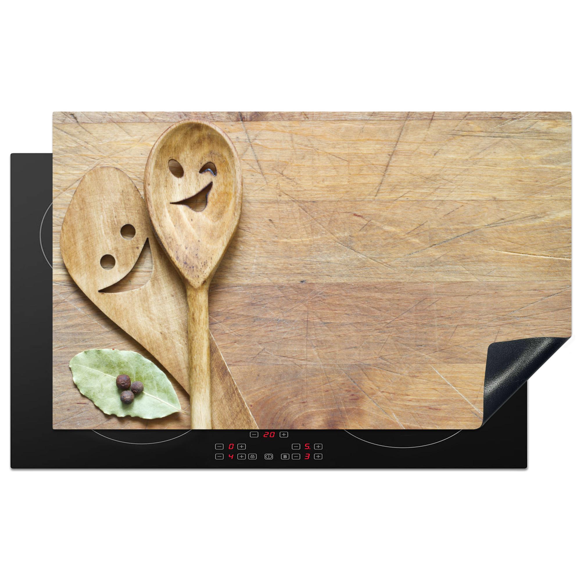 HERDABDECKPLATTE Holz - Löffel - Braun - Smiley Ceranfeldabdeckung 85x52 cm - Hellbraun, Kunststoff (85/52/0.2cm) - MuchoWow