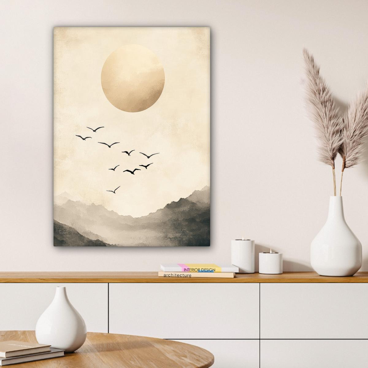 LEINWANDBILD Landschaft - Japandi - Vogel Wandbild Wohnzimmer 60x80 cm - Beige, Textil (60/80cm) - MuchoWow