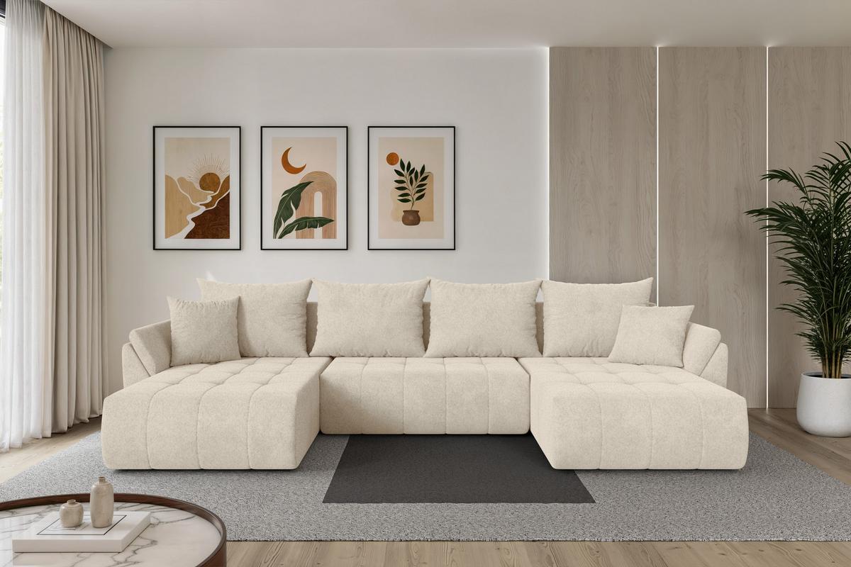 WOHNLANDSCHAFT mit Schlaffunktion und Bettkasten TOKO-U 378x194x86 Creme Velours - Creme/Schwarz, Holzwerkstoff/Kunststoff (378/86/194cm) - ALTDECOR