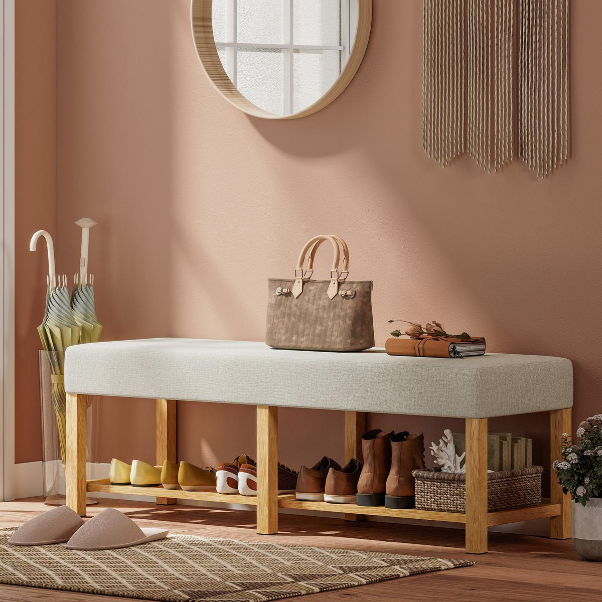 SCHUHBANK Kautschukholz Polyester Cremeweiß - Creme, Holz (140/48/44cm) - HOMCOM