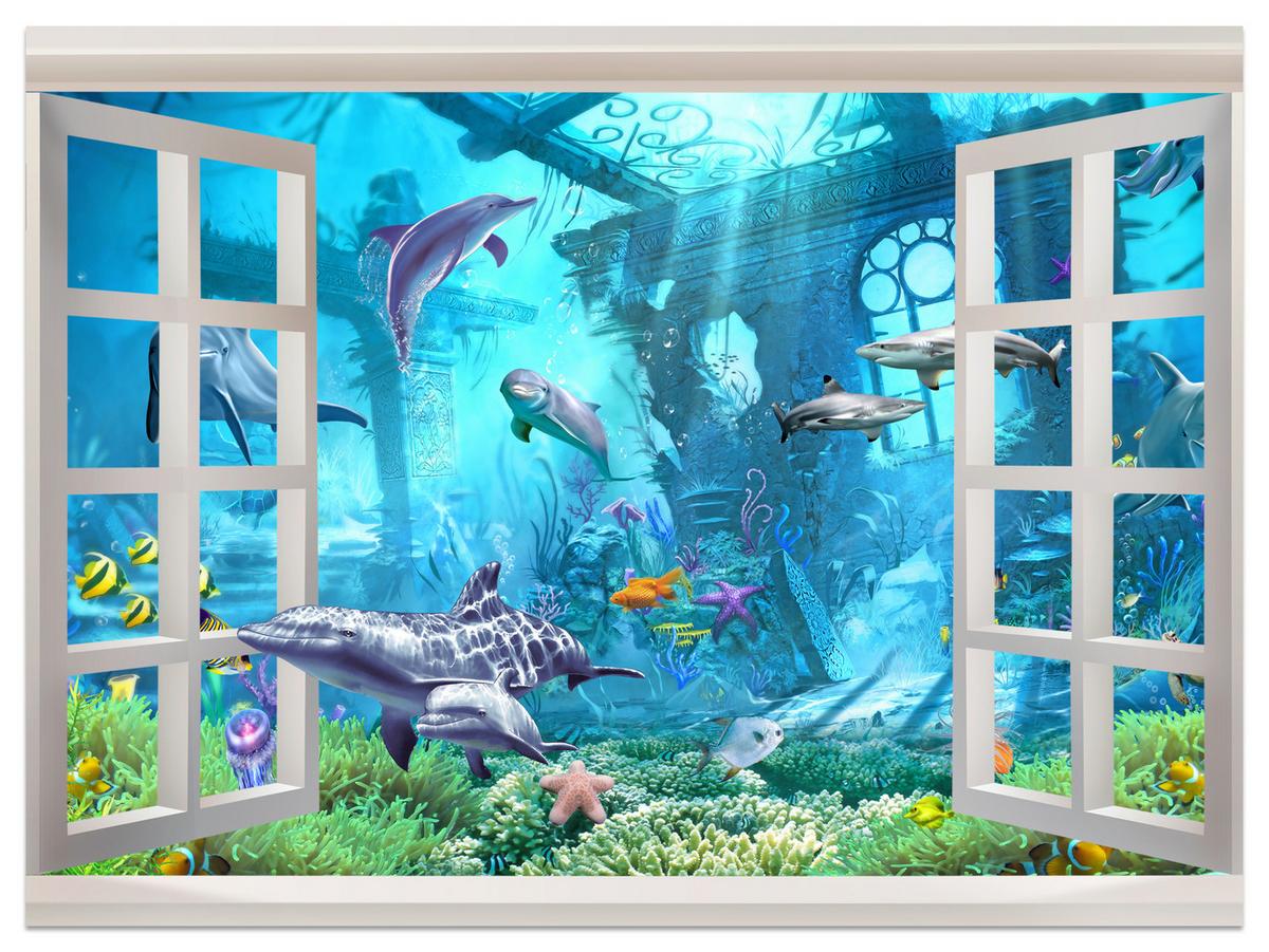 FOTOTAPETE für Schlafzimmer Fenster Unterwasserwelt Delfine Riff 450x315 - Blau/Weiß, Papier (450/315cm) - Muralo