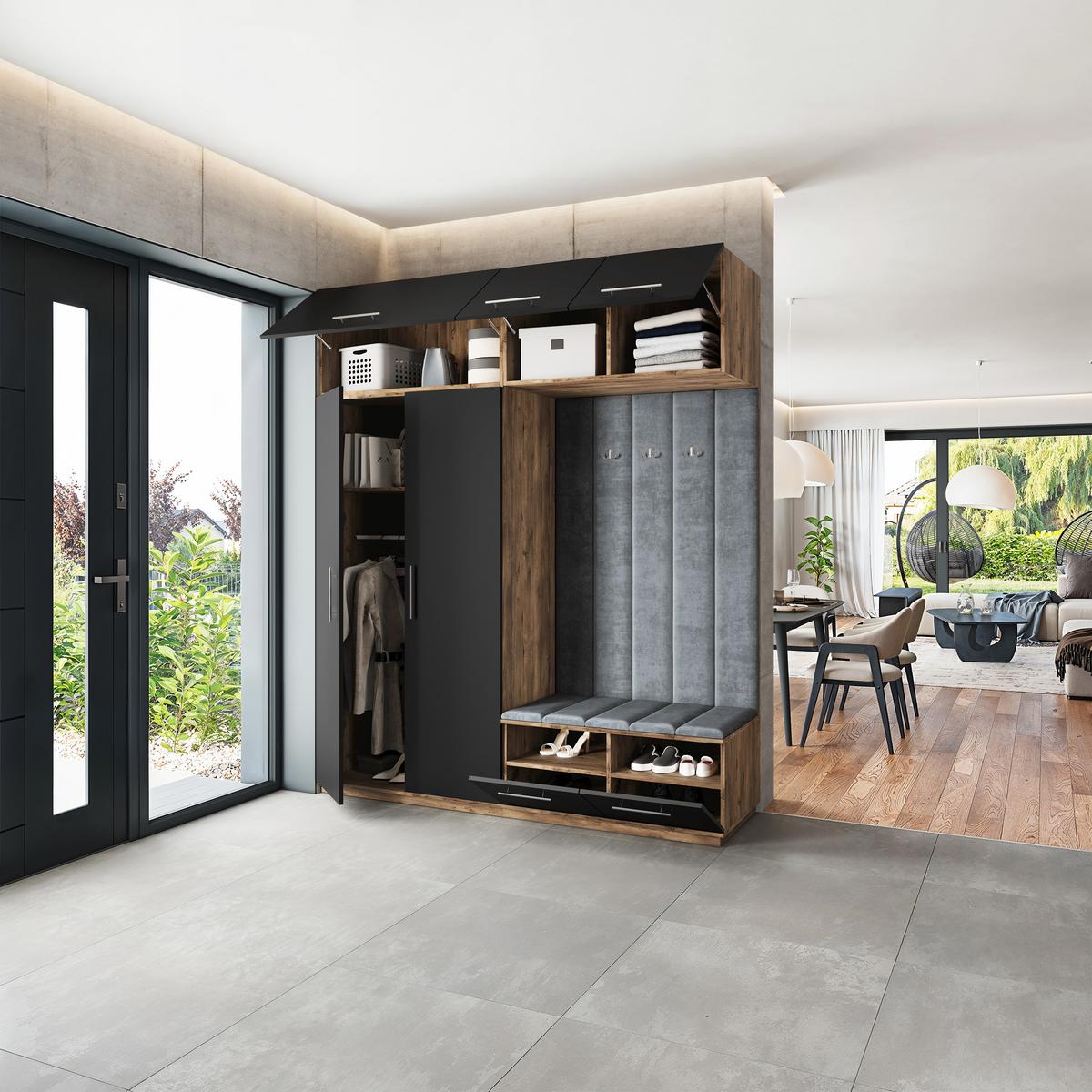 GARDEROBENSCHRANK REMA 200/240/60 cm Modern Garderobe-Set Eiche Lefkas - Eichefarben/Schwarz, Holzwerkstoff (200/240/60cm) - MASSENO