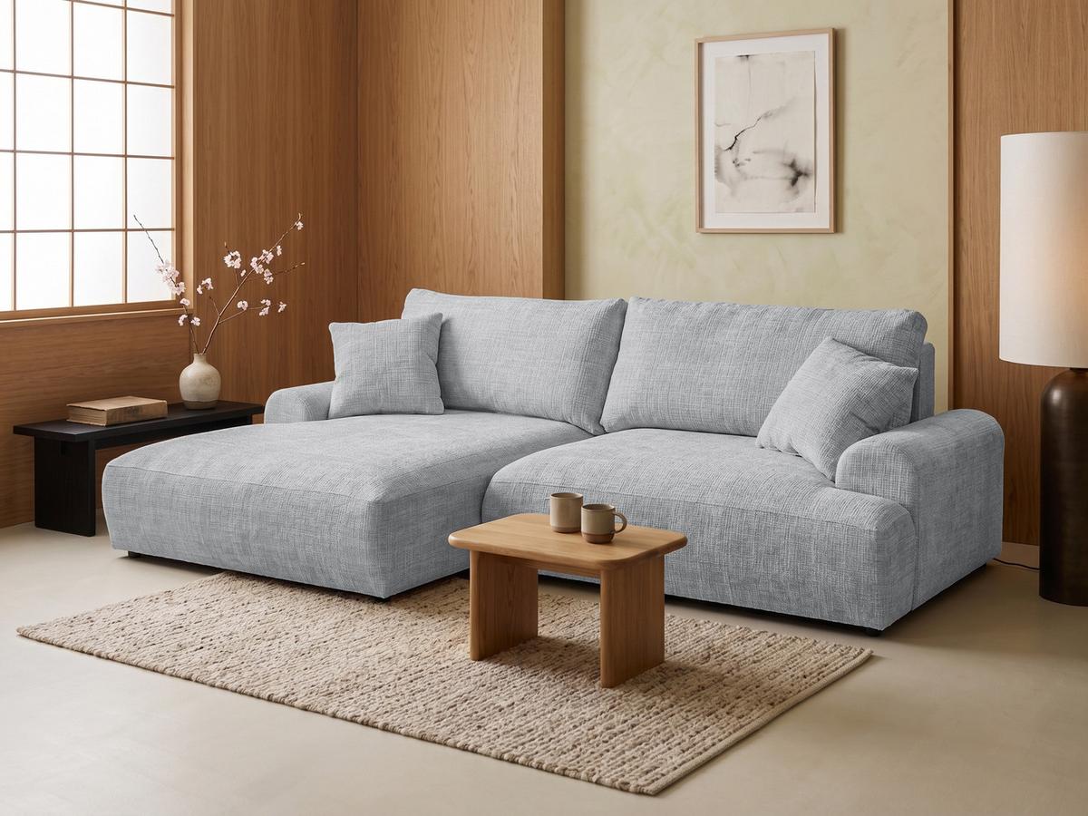 ECKSOFA Melvano mit Schlaffunktion und Bettkasten im Japandi-Stil aus weichem Hellgrau Chenille-Stoff - Hellgrau/Schwarz, Holz/Kunststoff (145/240cm) - S-Style