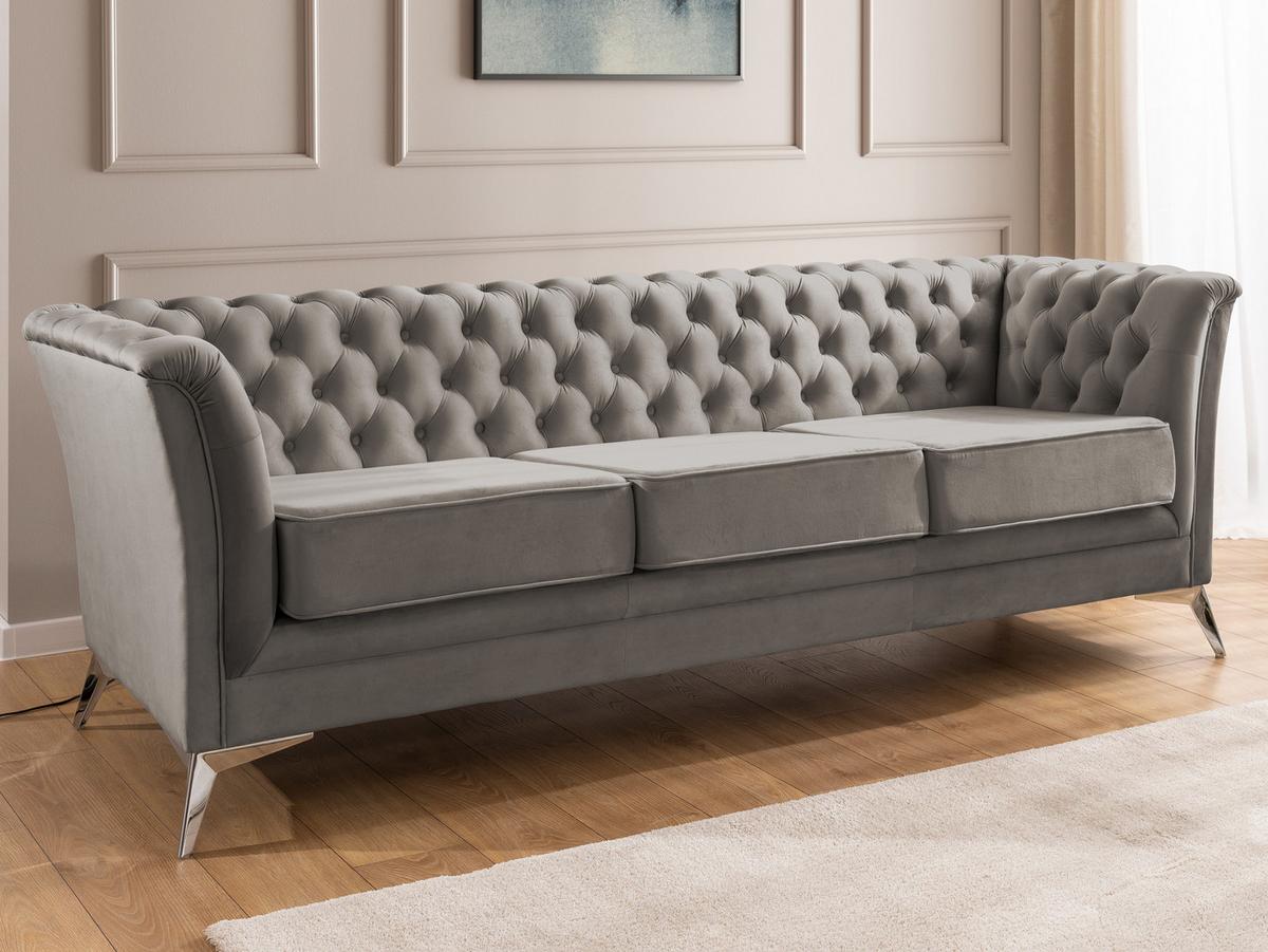 CHESTERFIELD-SOFA 3-sitzer Whitby Grau Samt mit silbernen Füßen - Silberfarben/Grau, Holz/Textil (237/78/82cm) - S-Style Möbel