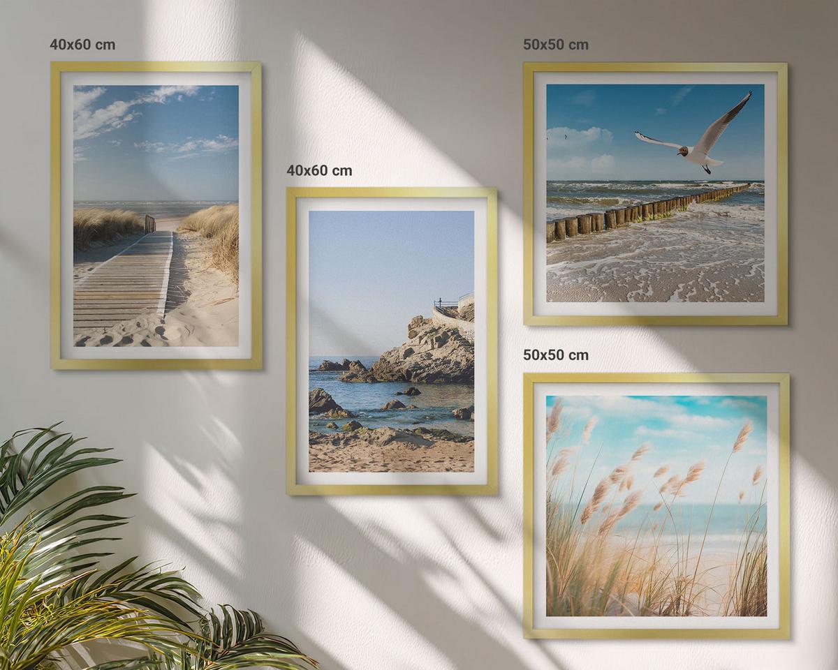 BILDER SET 4er Set - 50x50 cm & 40x60 cm Goldrahmen - Strand Holzsteg Klippen - Goldfarben, Kunststoff (50/50cm) - TULUP