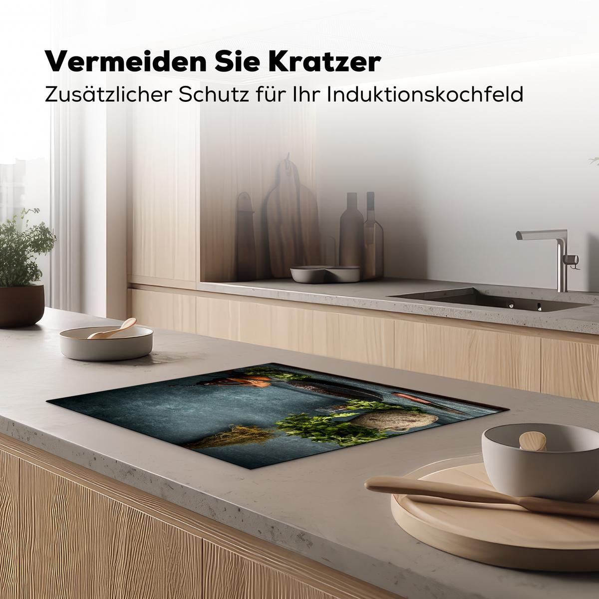 HERDABDECKPLATTE Kräuter - Gewürze - Pfanne - Messer - Grau - Rustikal Herdabdeckung Induktionsfeld 65x52 cm - Petrol, Kunststoff (65/52/0.2cm) - MuchoWow