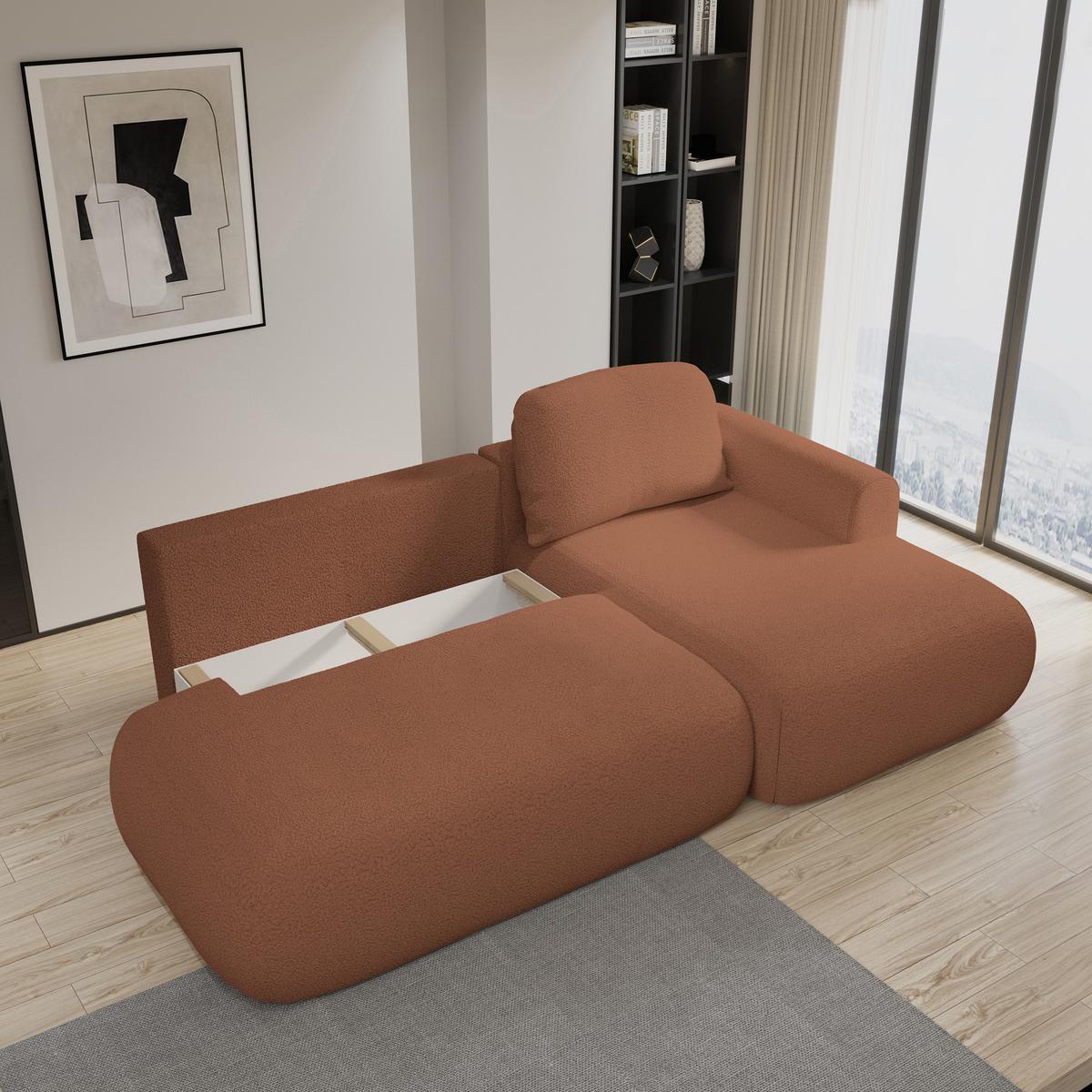 ECKSOFA NUVIRA R-S Kupferfarben Boucle-Stoff mit Schlaffunktion - Kupferfarben, Holz (279/158cm) - MASSENO