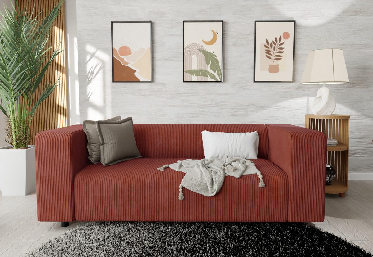SITZGARNITUR 3+2 Tove Terrakotta Cord - Terracotta/Schwarz, Holz/Kunststoff (175/65/80cm) - S-Style Möbel