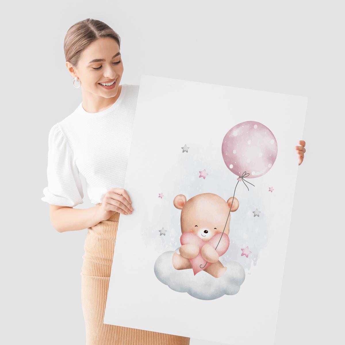 POSTER SET für Kinderzimmer Teddybären Wolken Ballons Sterne 3x Poster A4 21x30cm - Beige/Rosa, Papier (21/30/1cm) - Muralo