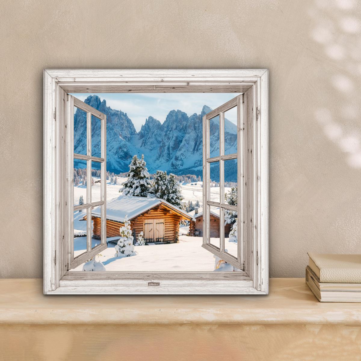 LEINWANDBILD Winterlandschaft - Hütte - Berge - Ausblicke - Aussicht - Natur Deko Wohnzimmer 20x20 cm - Weiß Hochglanz, Textil (20/20cm) - MuchoWow