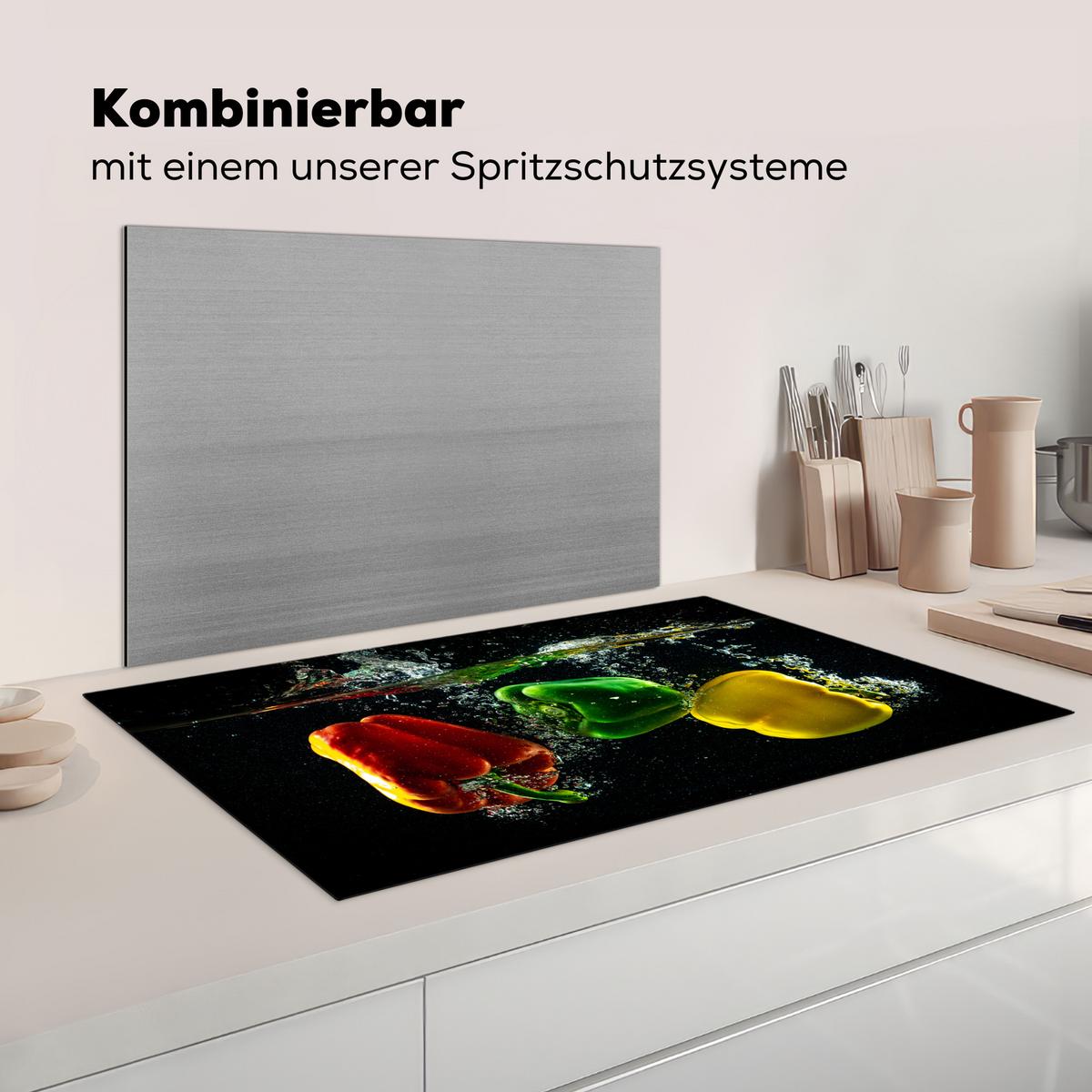 HERDABDECKPLATTE Paprika - Gemüse - Wasser - Schwarz - Rot - Grün - Gelb Ceranfeldabdeckung 90x52 cm - Multicolor, Kunststoff (90/52/0.2cm) - MuchoWow