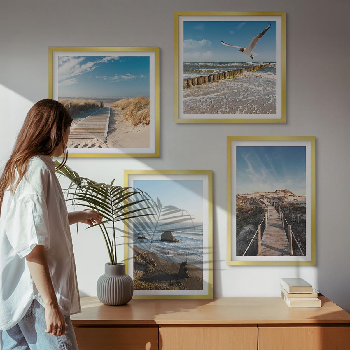 BILDER SET 4er Set - 50x50 cm & 40x60 cm Goldrahmen - Strandwellen, Himmelsbrücke, Spaziergang - Goldfarben, Kunststoff (50/50cm) - TULUP