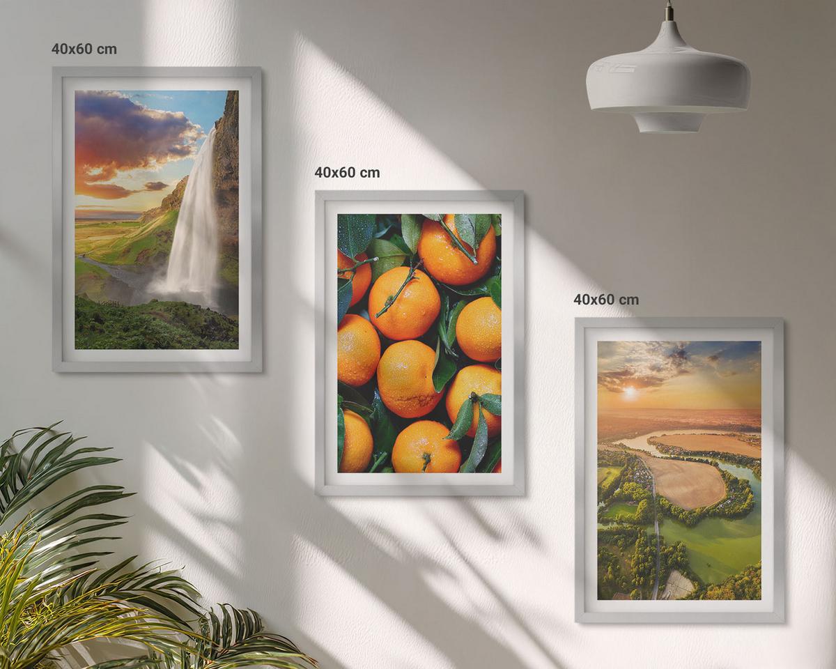 BILDER SET 3er Set - 40x60 cm Silberner Rahmen - Orange Mountain Wasserfall - Silberfarben, Kunststoff (40/60cm) - TULUP
