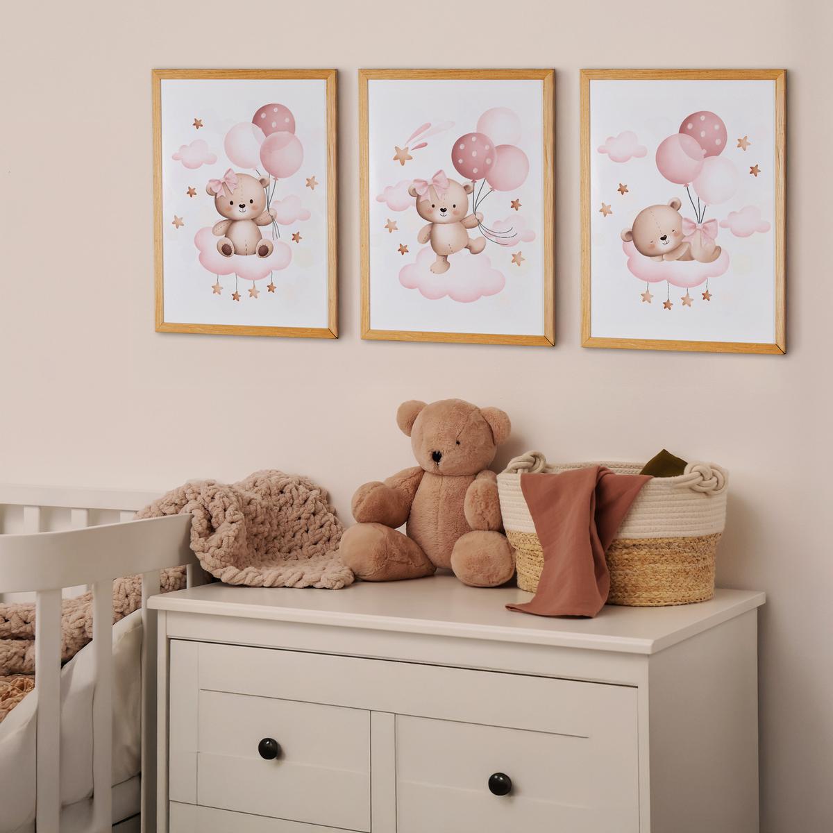 POSTER SET für Kinderzimmer Teddybären Ballons Wolken Sterne 3x Poster A4 21x30cm - Beige/Rosa, Papier (21/30/1cm) - Muralo