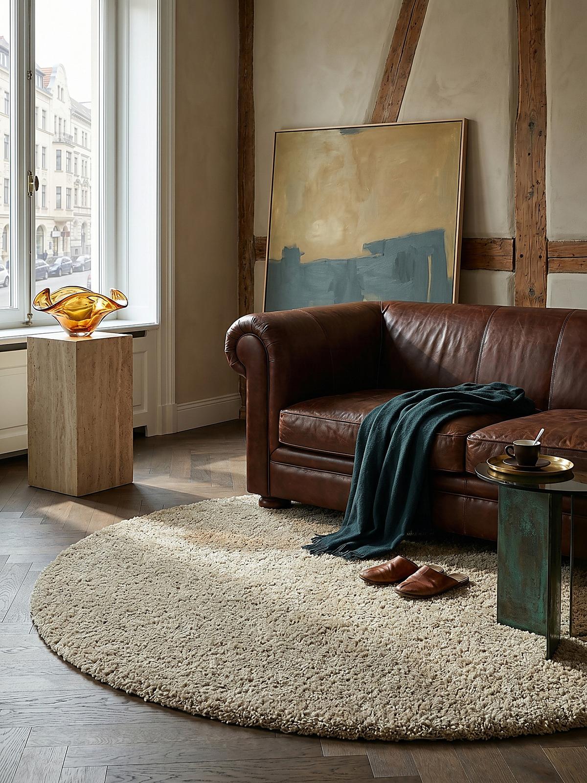TEPPICH LYNE, einfarbig, Beige, Ø 133 cm - Beige, Textil (133/133cm) - KADIMA DESIGN